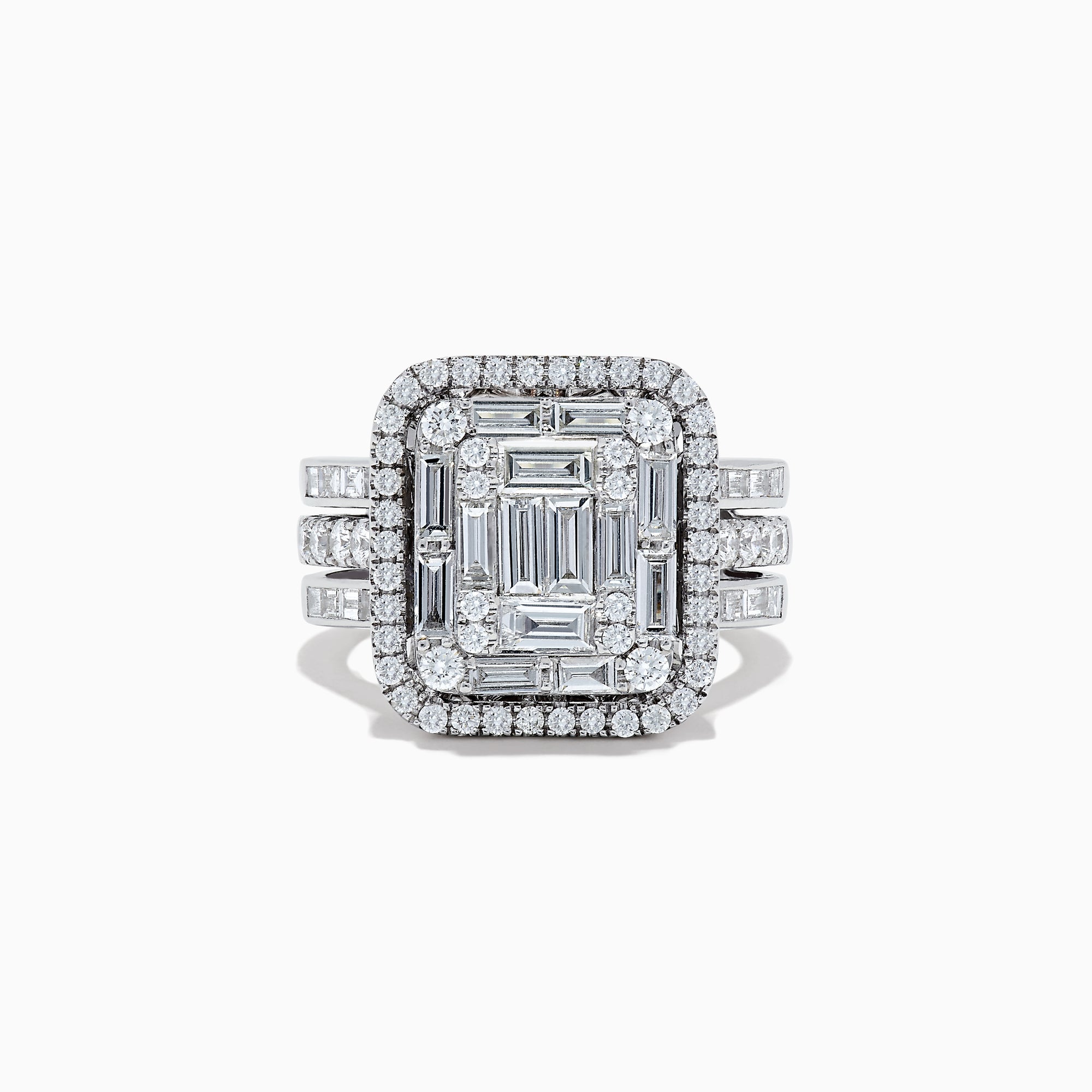The Classique 14K White Gold Diamond Cocktail Ring, 1.92 TCW, showcases rectangular baguette-cut and round diamonds in two rows on a triple-split band, beautifully displayed on a white background.