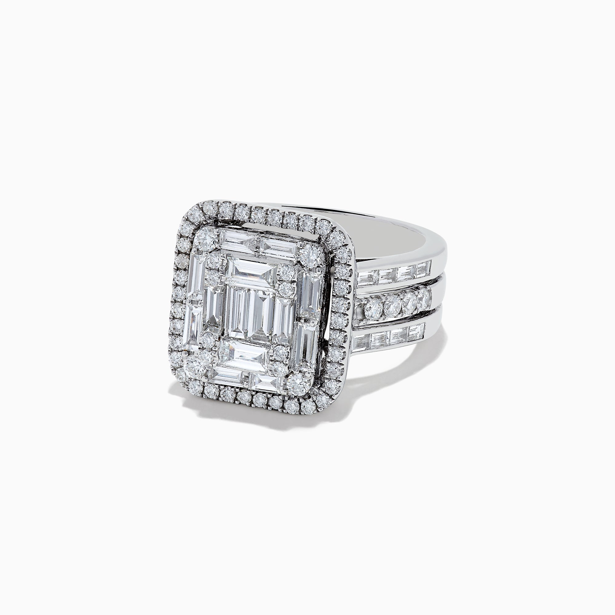 The Classique 14K White Gold Diamond Cocktail Ring, 1.92 TCW, showcases rectangular baguette-cut and round diamonds in two rows on a triple-split band, beautifully displayed on a white background.