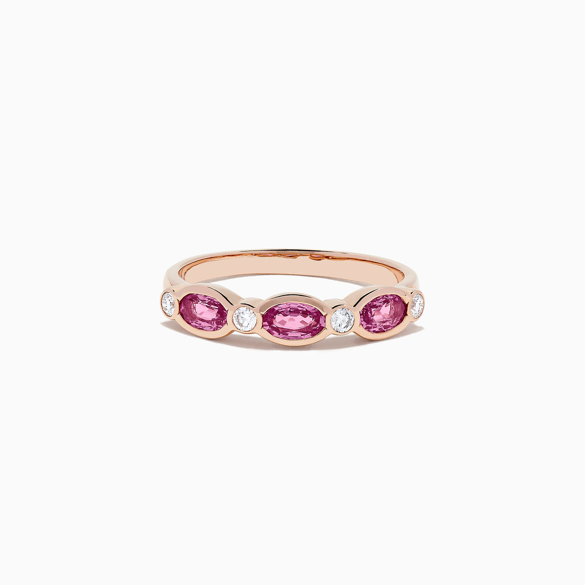 A 14K rose gold ring featuring pink sapphires and diamonds, 0.88 total carat weight.