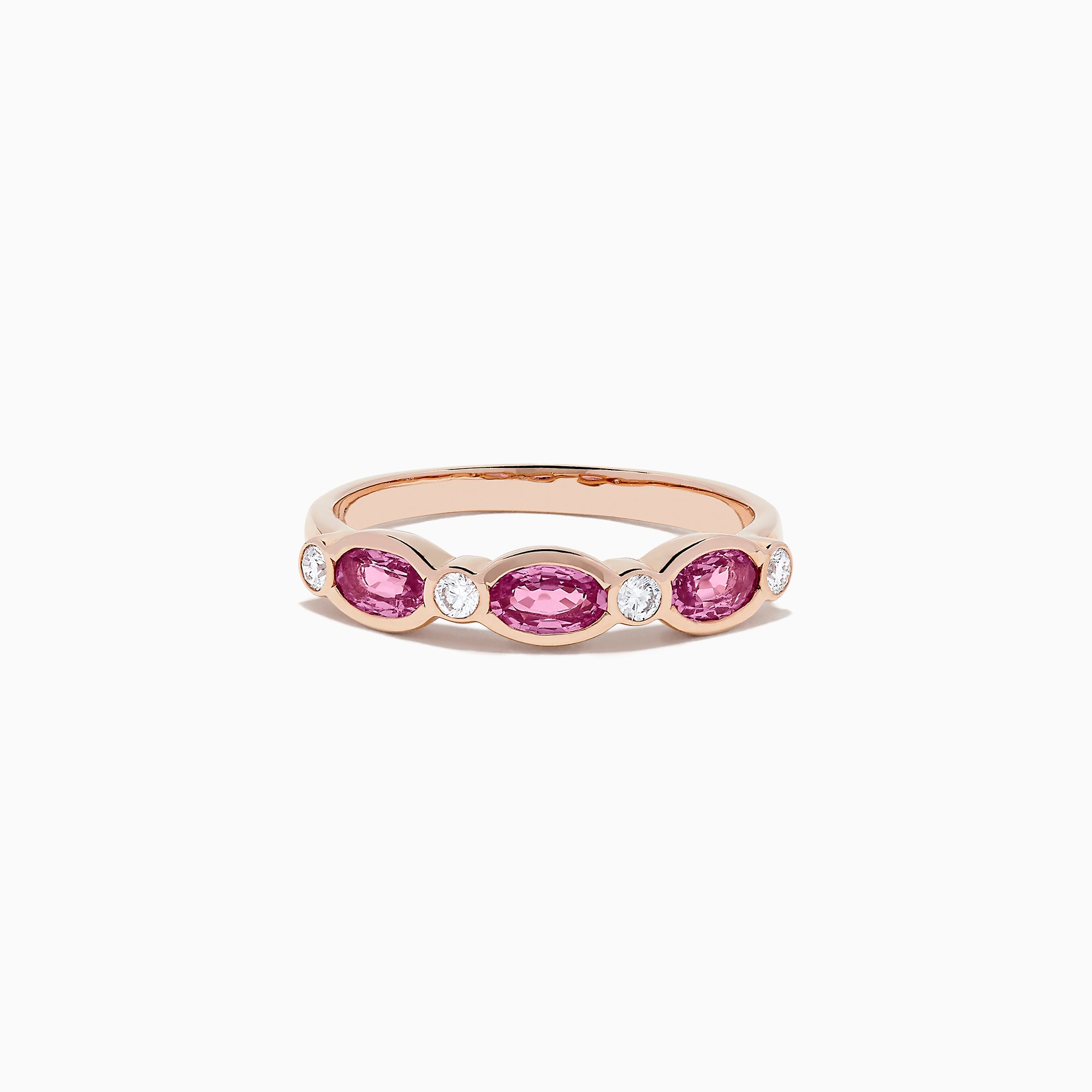 A 14K rose gold ring featuring pink sapphires and diamonds, 0.88 total carat weight.