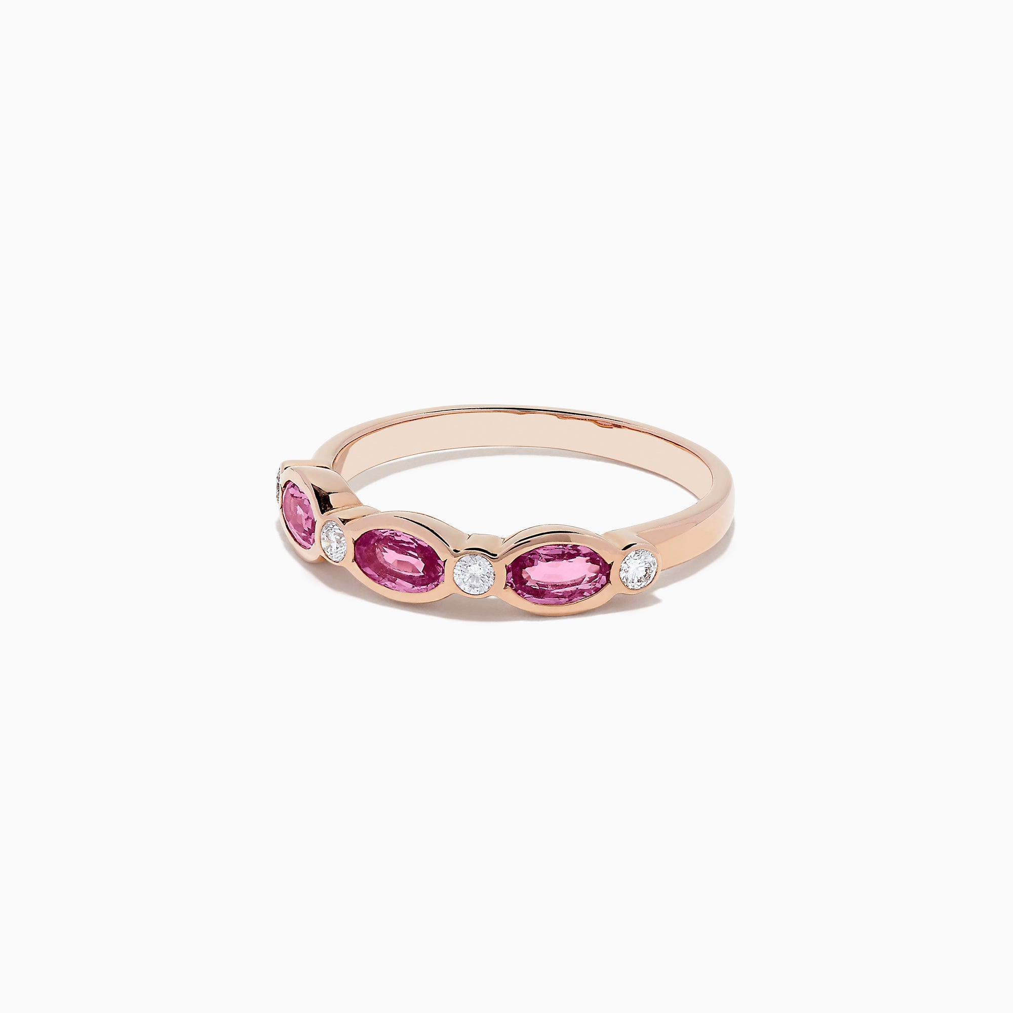 A 14K rose gold ring featuring pink sapphires and diamonds, 0.88 total carat weight.