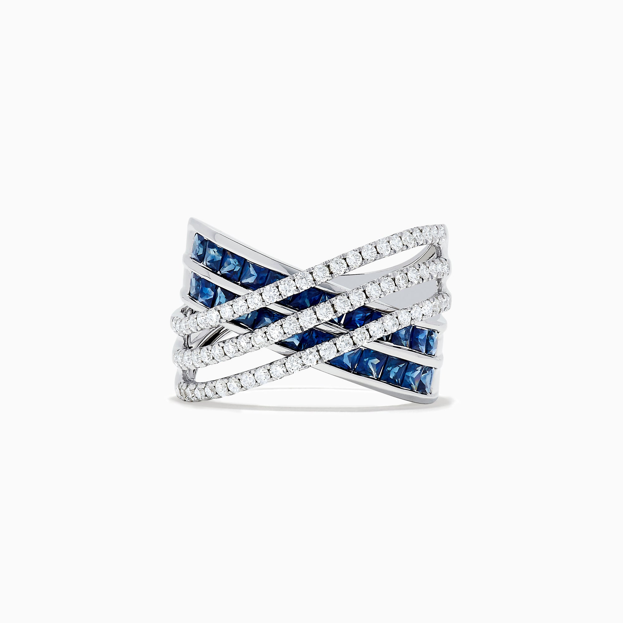 The 14K White Gold Blue Sapphire and Diamond Criss Cross Ring features an intricate, layered design with shimmering blue sapphires and rows of sparkling white diamonds.