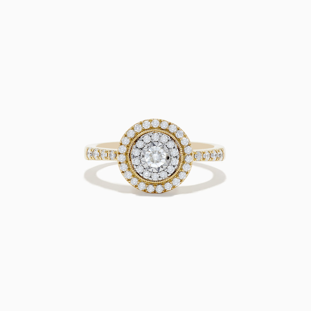 The Duo 14K Two Tone Gold Diamond Halo Ring 0.46 TCW features a circular setting with a central diamond, two halos of smaller diamonds, and diamond accents on the band.