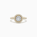 The Duo 14K Two Tone Gold Diamond Halo Ring 0.46 TCW features a circular setting with a central diamond, two halos of smaller diamonds, and diamond accents on the band.