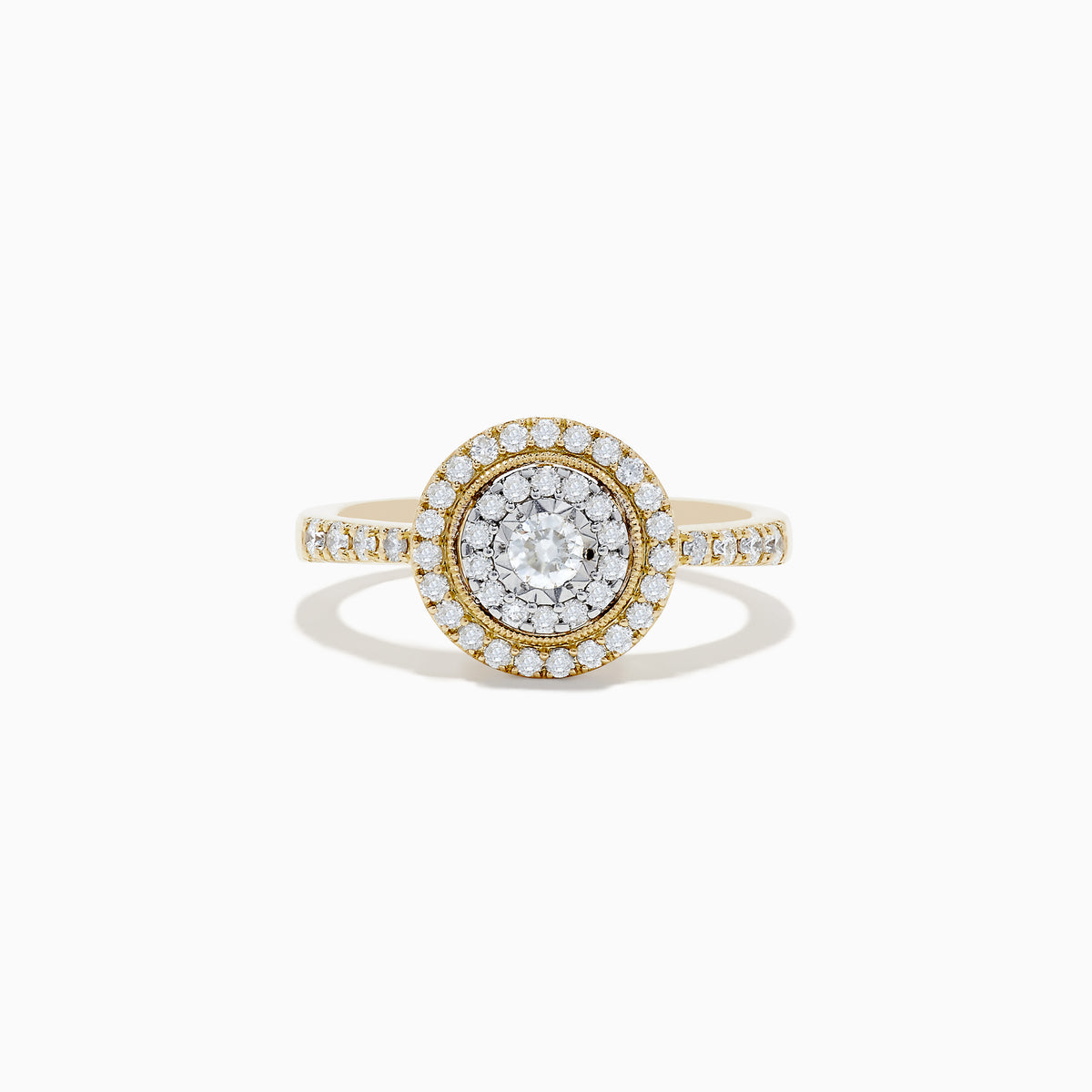 The Duo 14K Two Tone Gold Diamond Halo Ring 0.46 TCW features a circular setting with a central diamond, two halos of smaller diamonds, and diamond accents on the band.