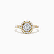 The Duo 14K Two Tone Gold Diamond Halo Ring 0.46 TCW features a circular setting with a central diamond, two halos of smaller diamonds, and diamond accents on the band.