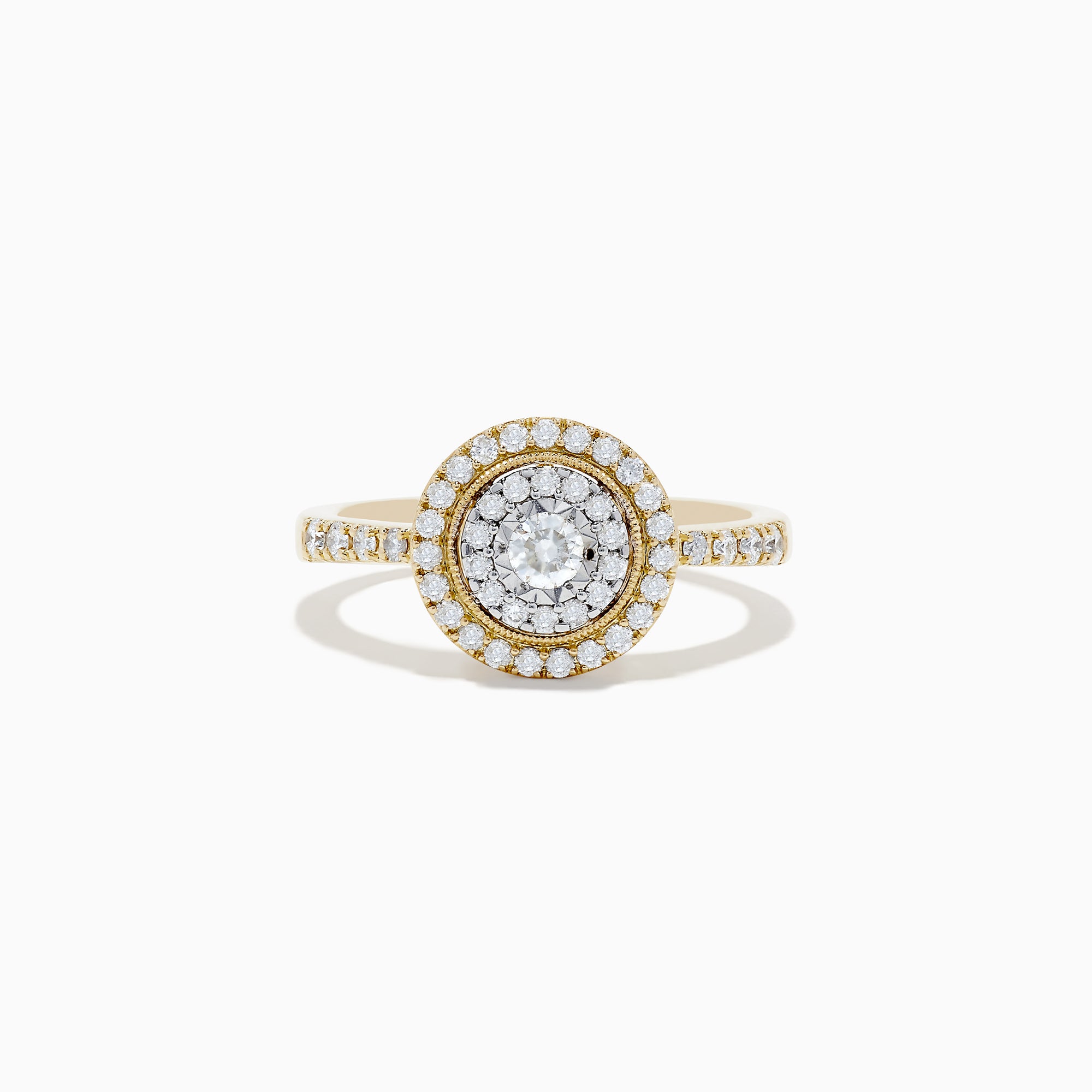 The Duo 14K Two Tone Gold Diamond Halo Ring 0.46 TCW features a circular setting with a central diamond, two halos of smaller diamonds, and diamond accents on the band.