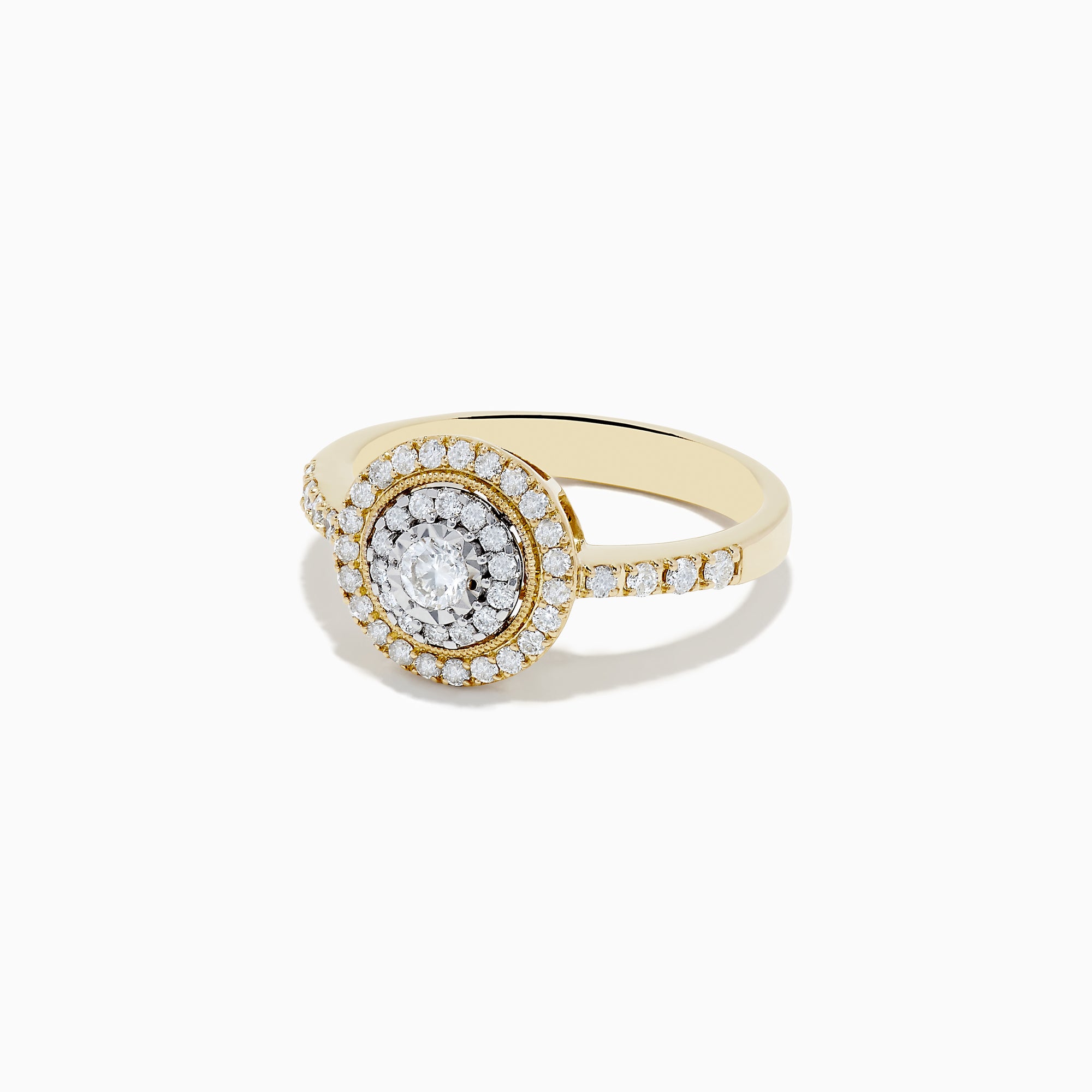 The Duo 14K Two Tone Gold Diamond Halo Ring 0.46 TCW features a circular setting with a central diamond, two halos of smaller diamonds, and diamond accents on the band.