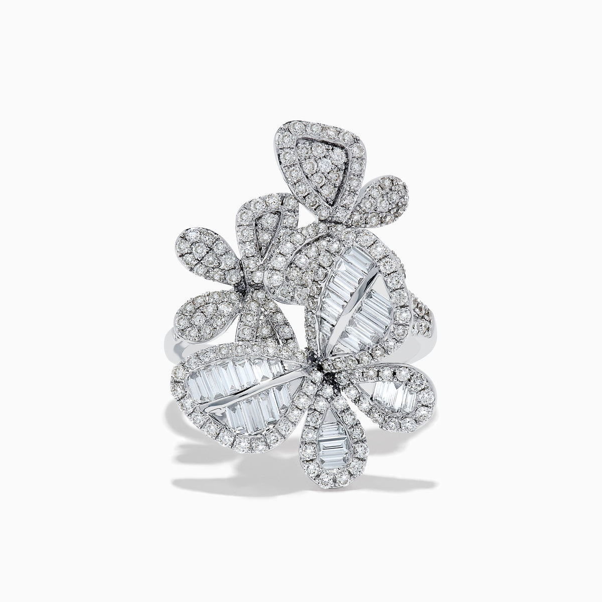 The Nature 14K White Gold Diamond Multi Butterfly Ring displays three overlapping butterfly shapes with clear diamonds and baguette-cut gems, elegantly set on a polished white gold band against a plain white background.