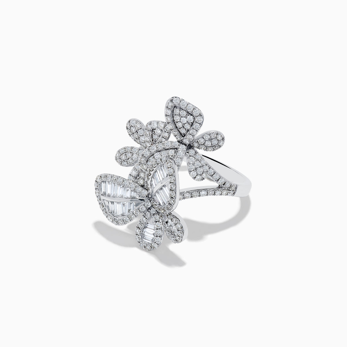 The Nature 14K White Gold Diamond Multi Butterfly Ring displays three overlapping butterfly shapes with clear diamonds and baguette-cut gems, elegantly set on a polished white gold band against a plain white background.