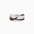 The 14K Three-Tone Gold Brown, Black and White Diamond Crossover Ring (0.63 TCW) features rows of baguette white, round black, and round brown diamonds elegantly crisscrossing on a lustrous gold band.