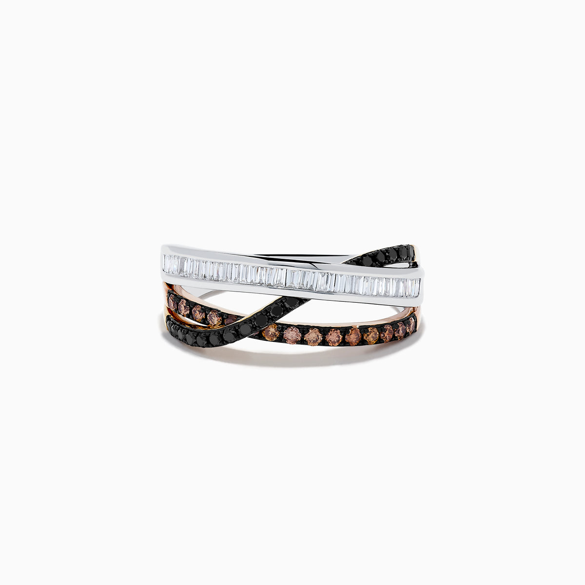 The 14K Three-Tone Gold Brown, Black and White Diamond Crossover Ring (0.63 TCW) features rows of baguette white, round black, and round brown diamonds elegantly crisscrossing on a lustrous gold band.