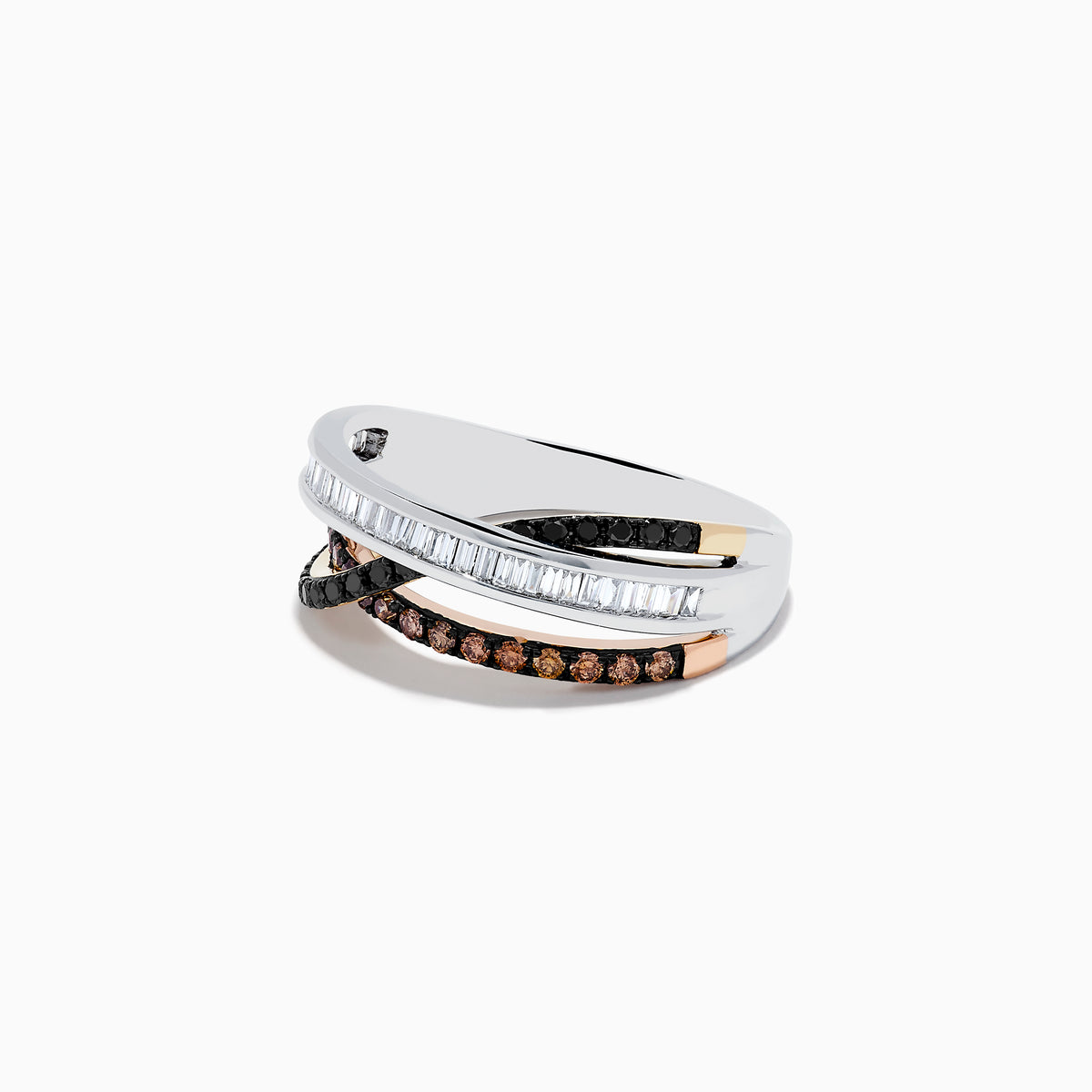 The 14K Three-Tone Gold Brown, Black and White Diamond Crossover Ring (0.63 TCW) features rows of baguette white, round black, and round brown diamonds elegantly crisscrossing on a lustrous gold band.