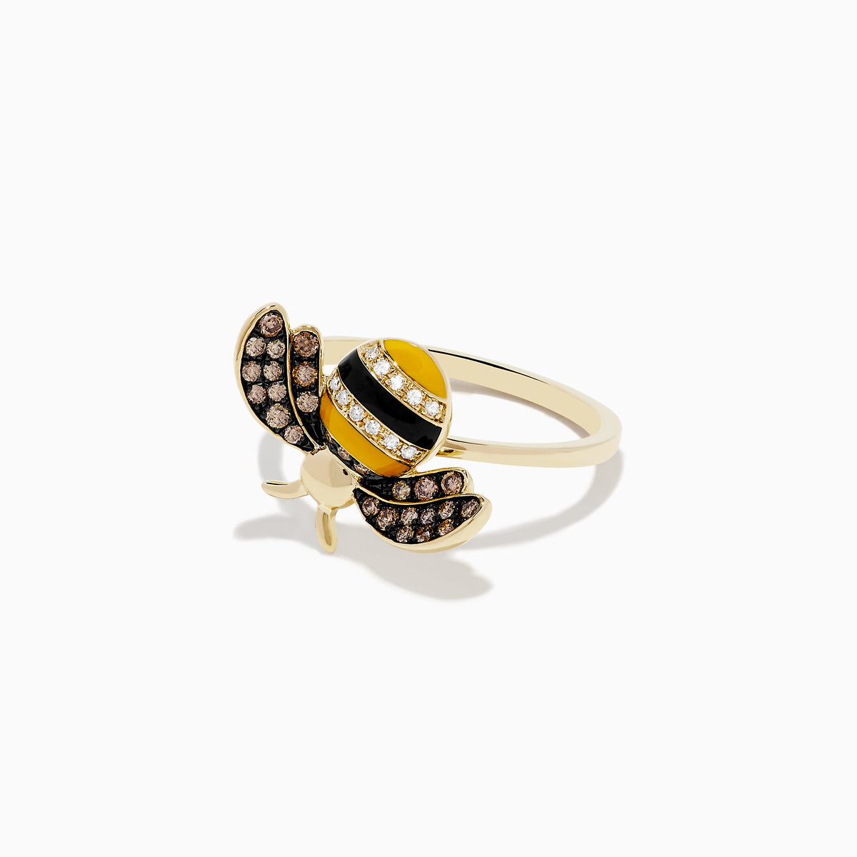 The 14K Yellow Gold Diamond and Enamel Bee Ring features a whimsical bee design, its yellow, black, and diamond-striped body accented by outstretched wings adorned with petite brown stones. This striking piece seamlessly blends playful charm with sparkling elegance in shining yellow gold.