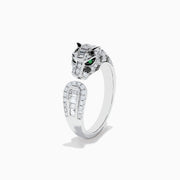 The Signature 14K White Gold and Emerald Panther Ring features a panther’s diamond-adorned head, vibrant emerald eyes, and diamond-accented band, all set in sleek white gold against a crisp white background.