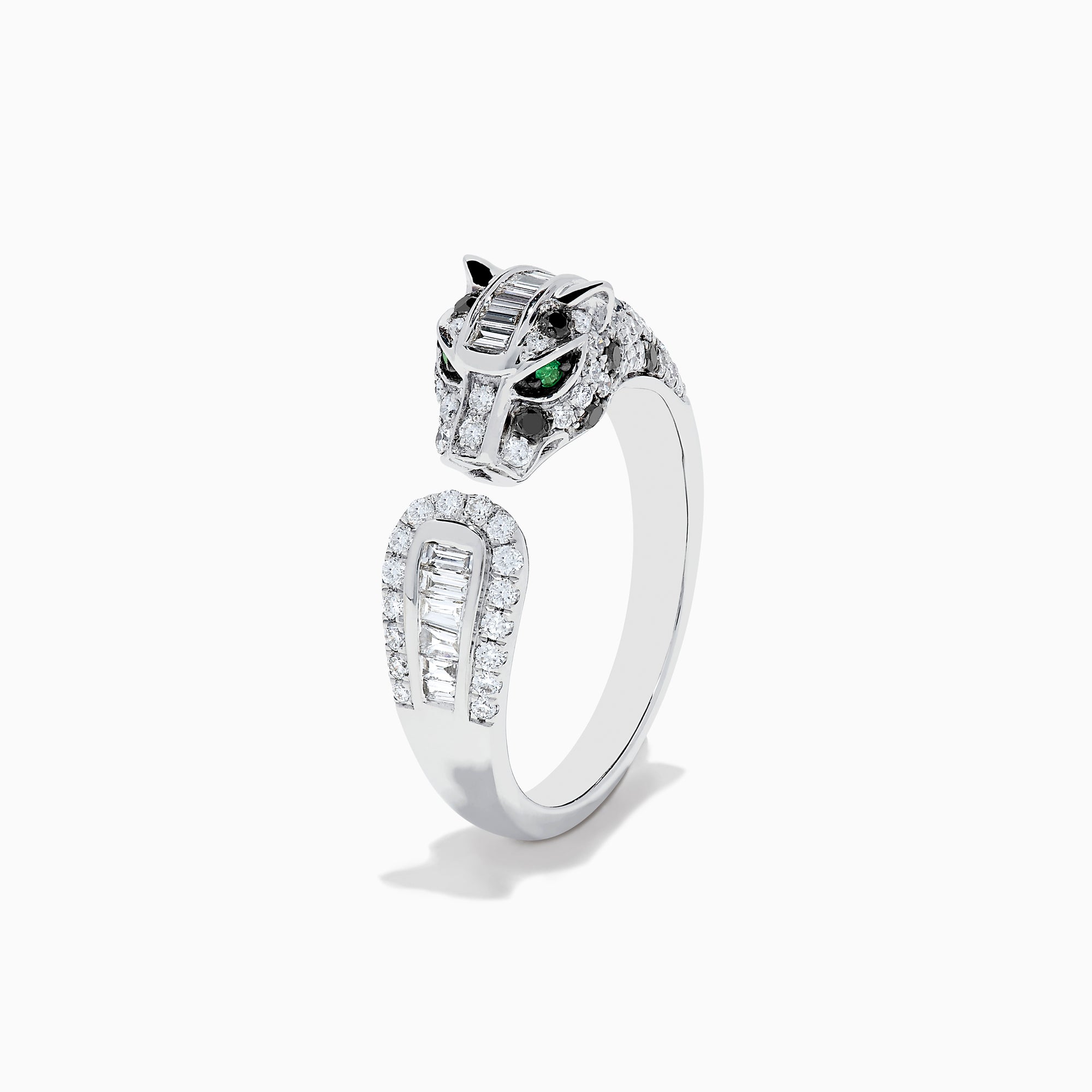 The Signature 14K White Gold and Emerald Panther Ring features a panther’s diamond-adorned head, vibrant emerald eyes, and diamond-accented band, all set in sleek white gold against a crisp white background.