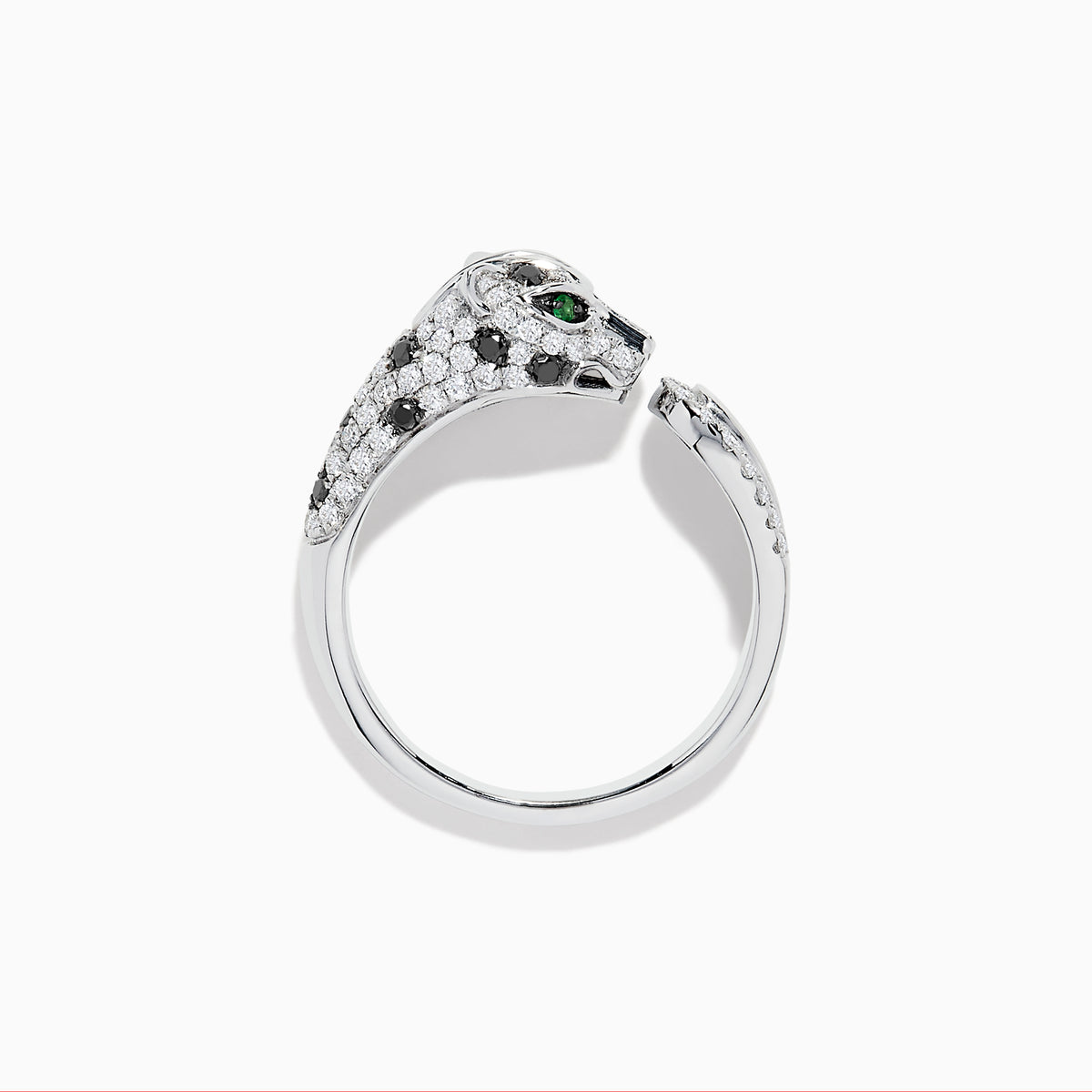The Signature 14K White Gold and Emerald Panther Ring features a panther’s diamond-adorned head, vibrant emerald eyes, and diamond-accented band, all set in sleek white gold against a crisp white background.
