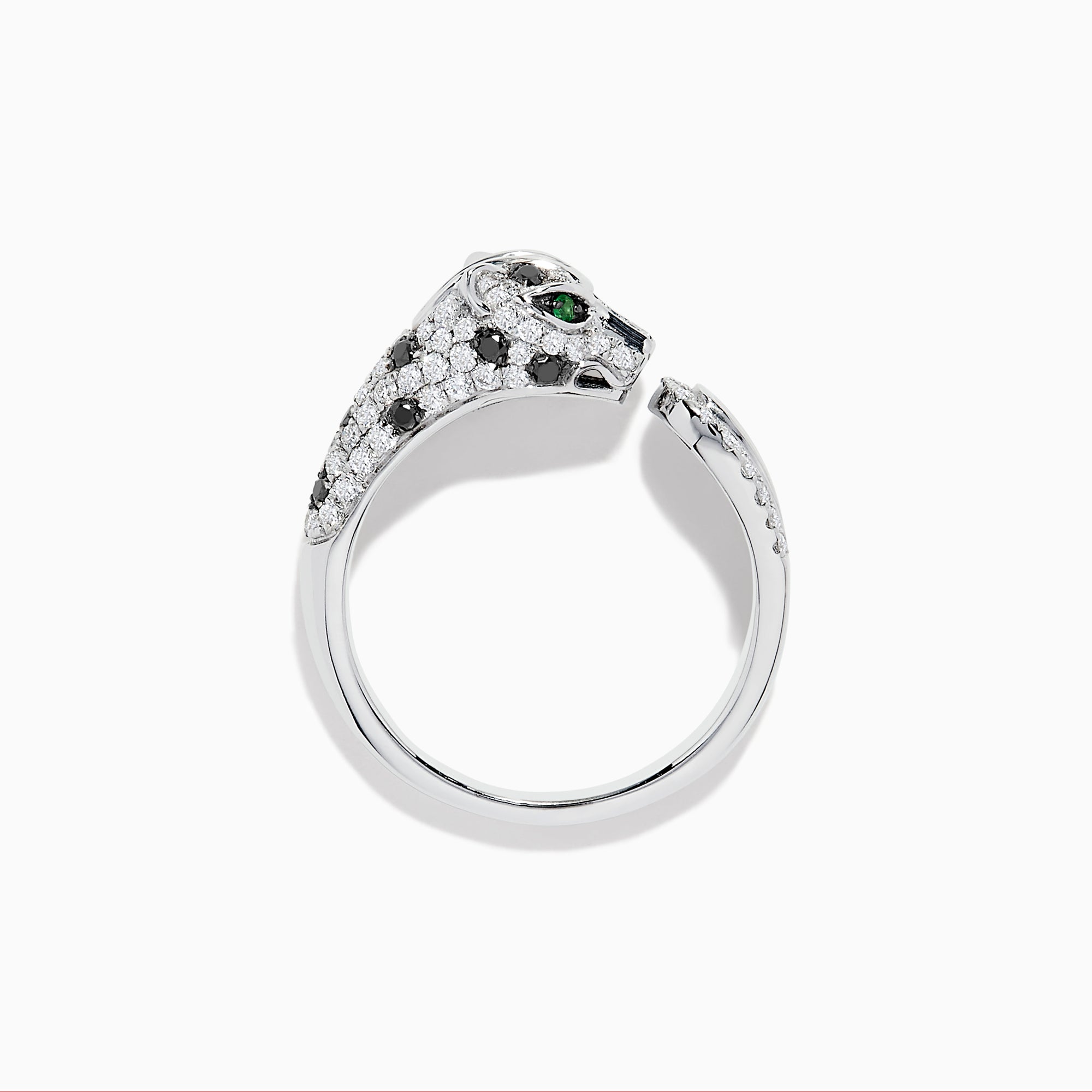 The Signature 14K White Gold and Emerald Panther Ring features a panther’s diamond-adorned head, vibrant emerald eyes, and diamond-accented band, all set in sleek white gold against a crisp white background.