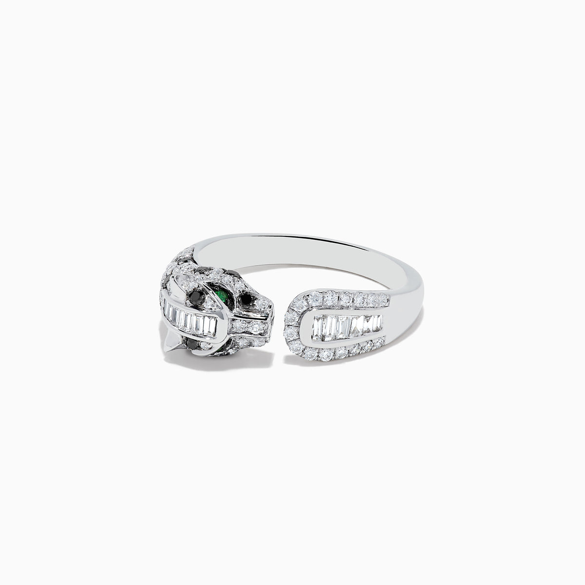 The Signature 14K White Gold and Emerald Panther Ring features a panther’s diamond-adorned head, vibrant emerald eyes, and diamond-accented band, all set in sleek white gold against a crisp white background.
