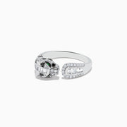 The Signature 14K White Gold and Emerald Panther Ring features a panther’s diamond-adorned head, vibrant emerald eyes, and diamond-accented band, all set in sleek white gold against a crisp white background.