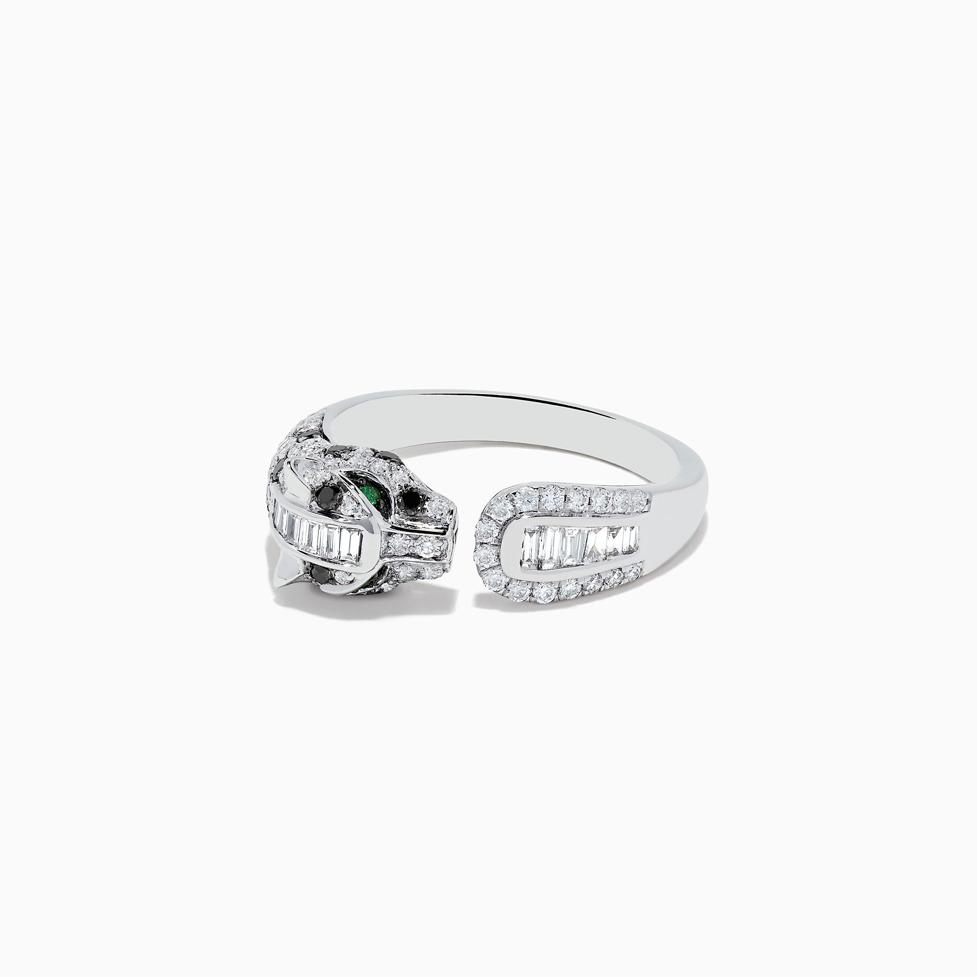The Signature 14K White Gold and Emerald Panther Ring features a panther’s diamond-adorned head, vibrant emerald eyes, and diamond-accented band, all set in sleek white gold against a crisp white background.