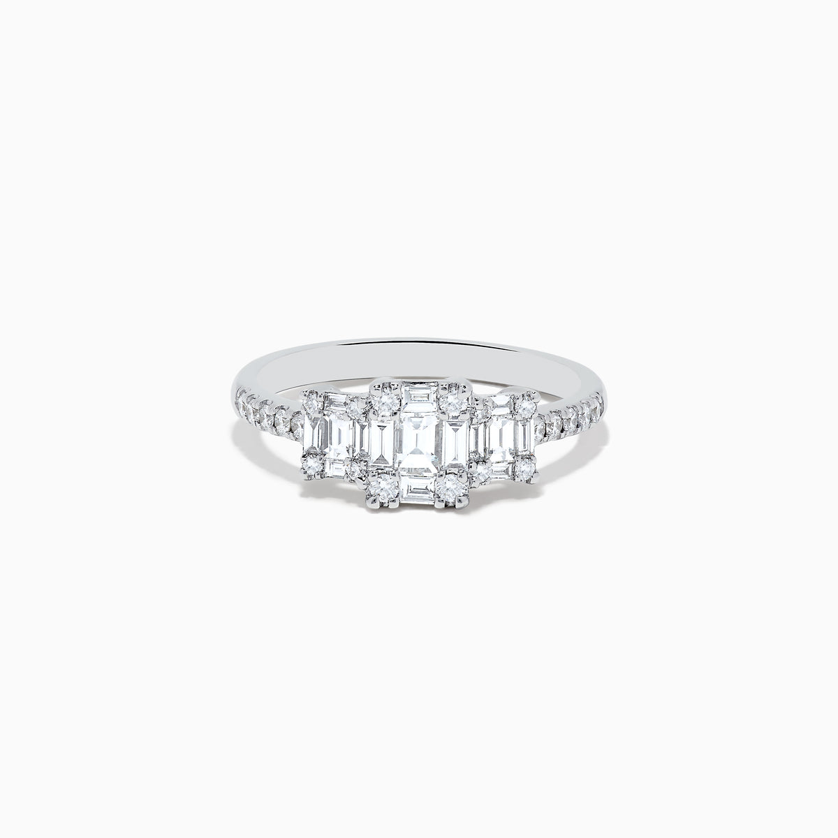 The Classique 14K White Gold Diamond Ring showcases 0.72 TCW of rectangular and round diamonds set along the band and top, displayed against a plain white background.