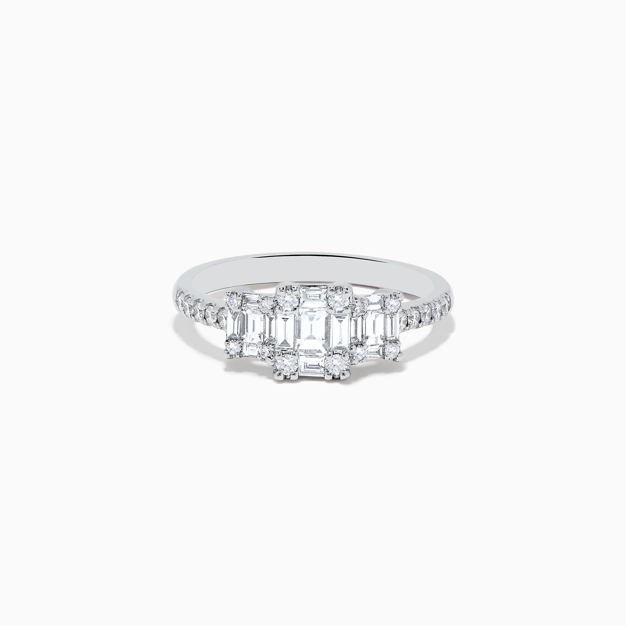The Classique 14K White Gold Diamond Ring showcases 0.72 TCW of rectangular and round diamonds set along the band and top, displayed against a plain white background.