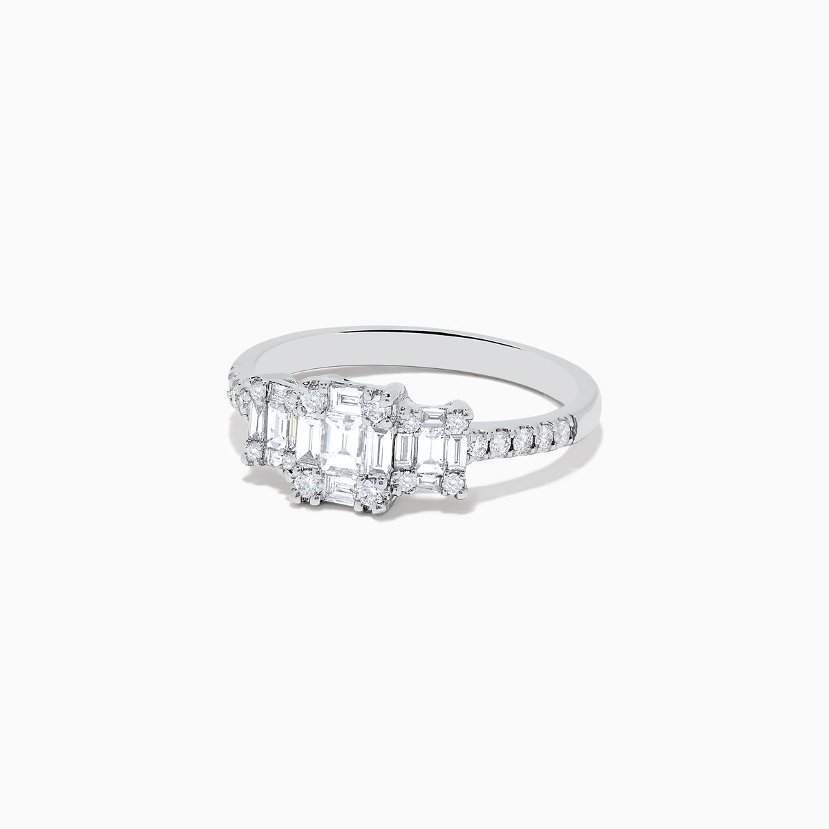 The Classique 14K White Gold Diamond Ring showcases 0.72 TCW of rectangular and round diamonds set along the band and top, displayed against a plain white background.