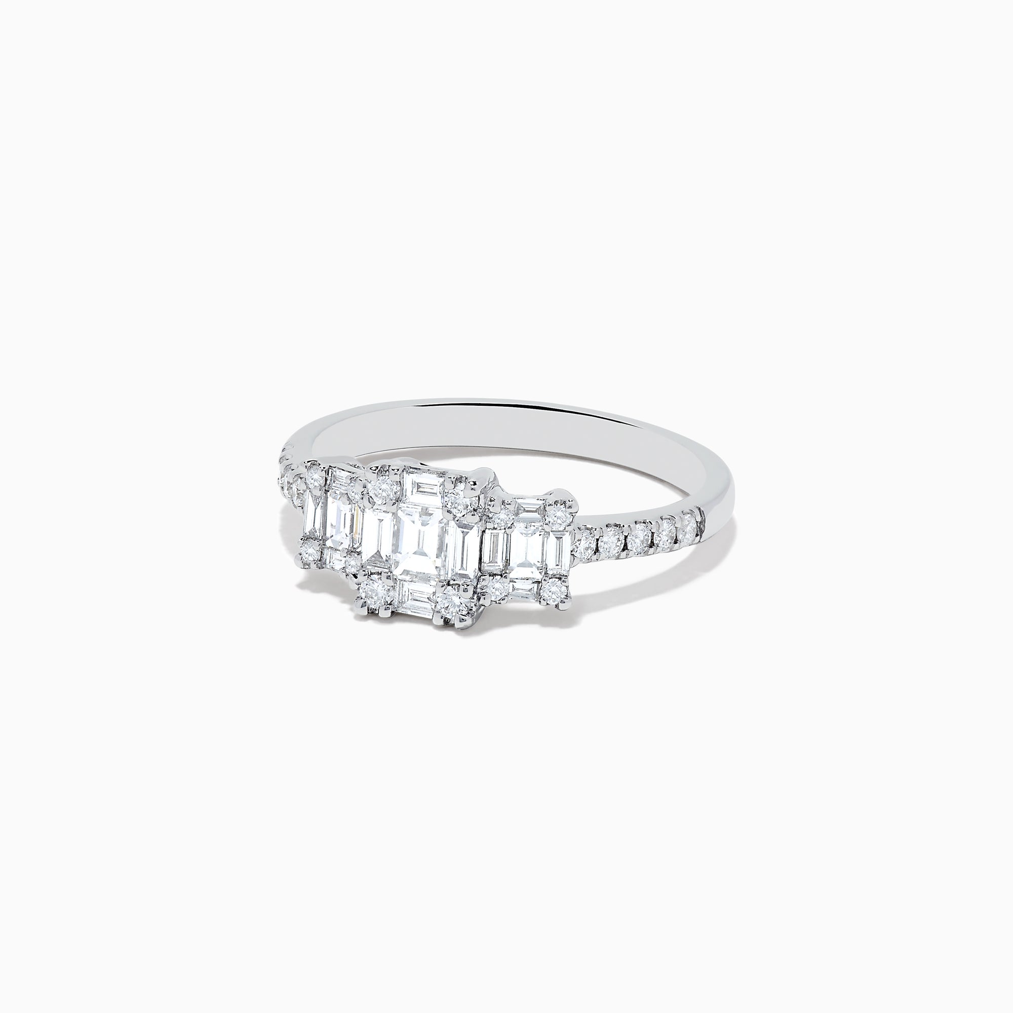 The Classique 14K White Gold Diamond Ring showcases 0.72 TCW of rectangular and round diamonds set along the band and top, displayed against a plain white background.