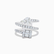 The 14K White Gold Diamond Spiral Ring by Effy showcases two rows of round diamonds, with a cluster of oval diamonds at one end and a square of baguette diamonds at the other, all set against a white background.