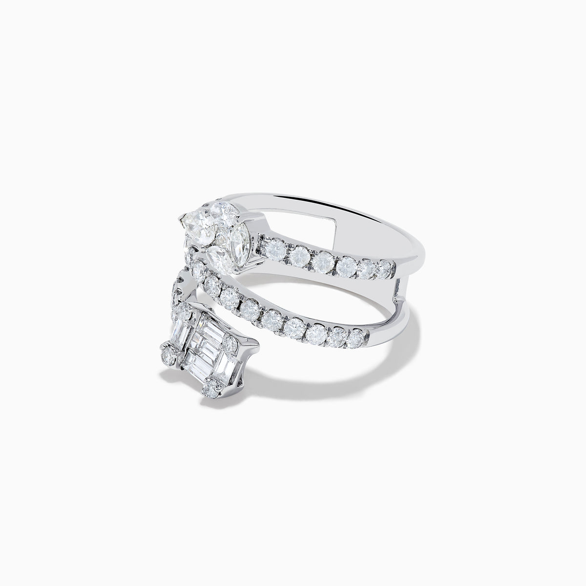 The 14K White Gold Diamond Spiral Ring by Effy showcases two rows of round diamonds, with a cluster of oval diamonds at one end and a square of baguette diamonds at the other, all set against a white background.