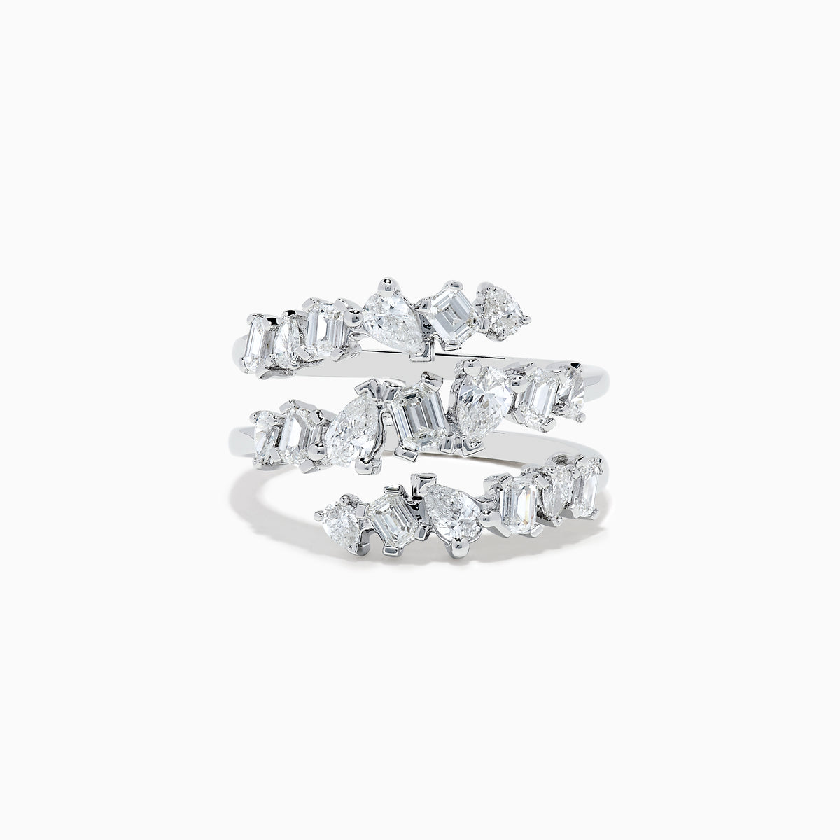 The Pave Classica 14K White Gold Diamond Ring features overlapping silver bands set with various shapes of sparkling diamonds in an intricate design, inspired by the Effy Pave Classica style and shown against a white background.