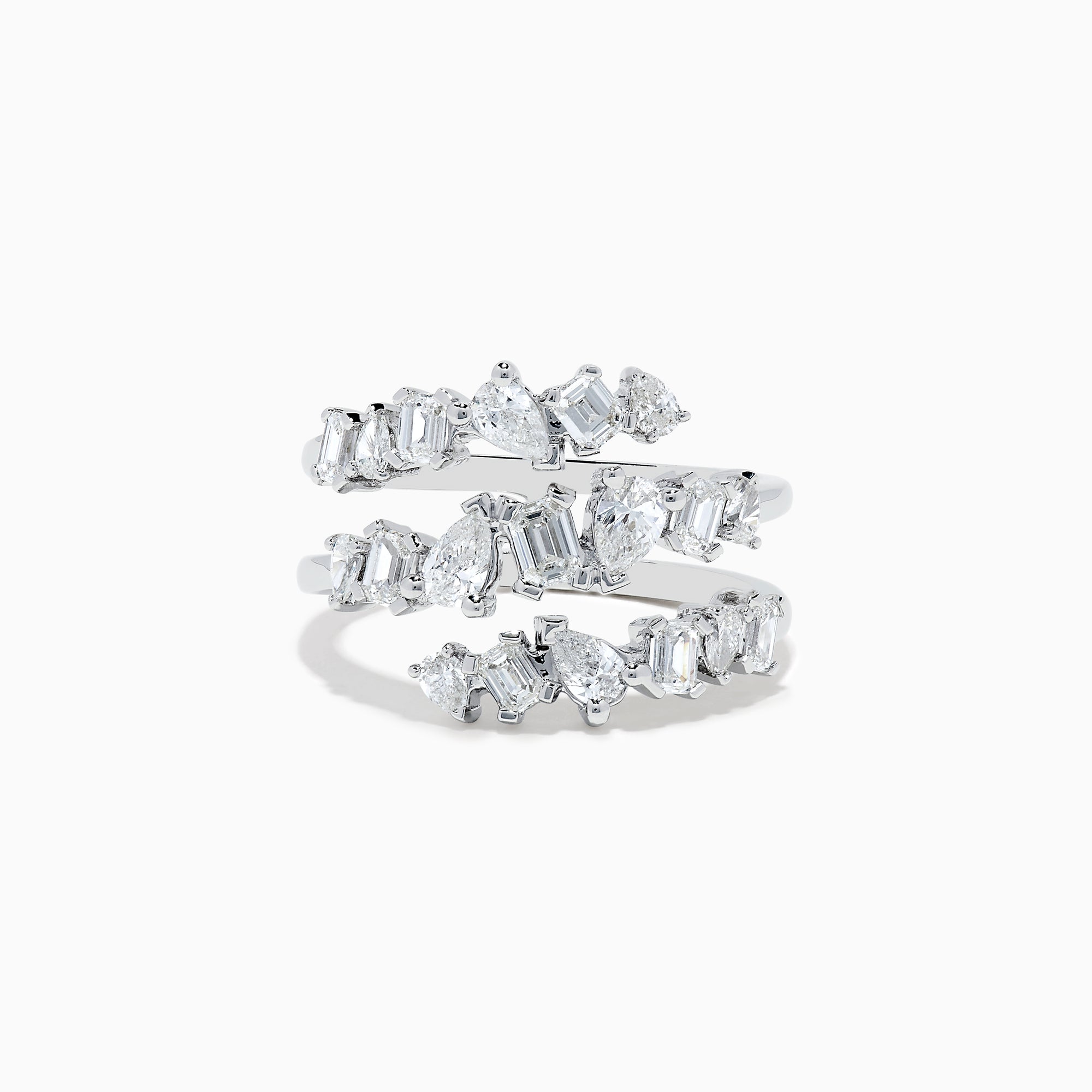 The Pave Classica 14K White Gold Diamond Ring features overlapping silver bands set with various shapes of sparkling diamonds in an intricate design, inspired by the Effy Pave Classica style and shown against a white background.