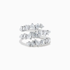 The Pave Classica 14K White Gold Diamond Ring features overlapping silver bands set with various shapes of sparkling diamonds in an intricate design, inspired by the Effy Pave Classica style and shown against a white background.