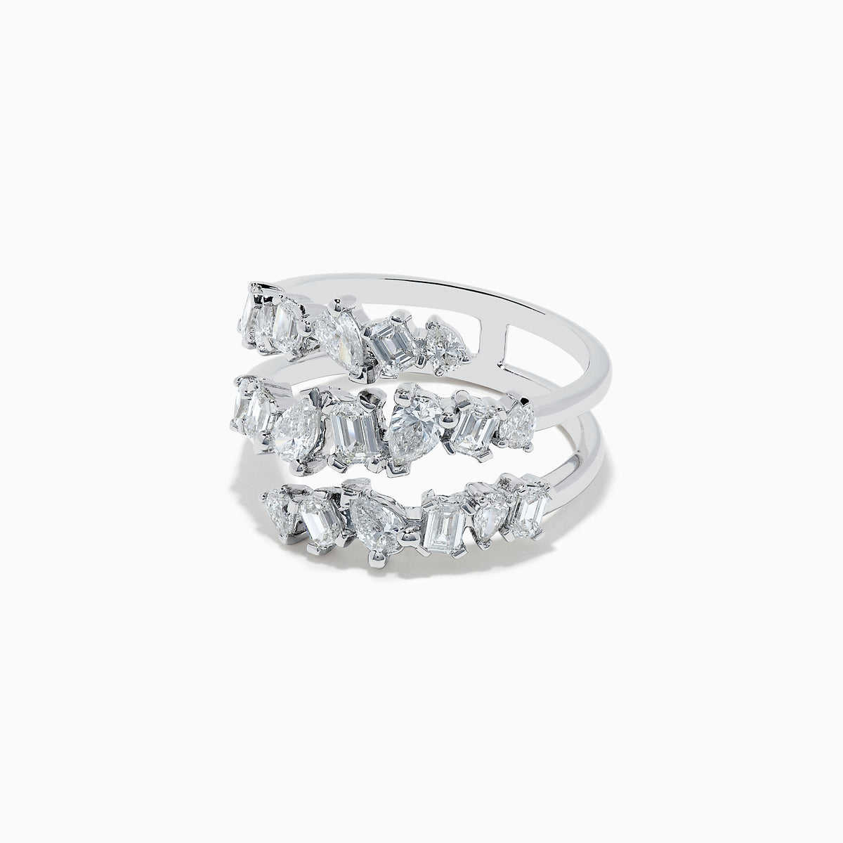 The Pave Classica 14K White Gold Diamond Ring features overlapping silver bands set with various shapes of sparkling diamonds in an intricate design, inspired by the Effy Pave Classica style and shown against a white background.