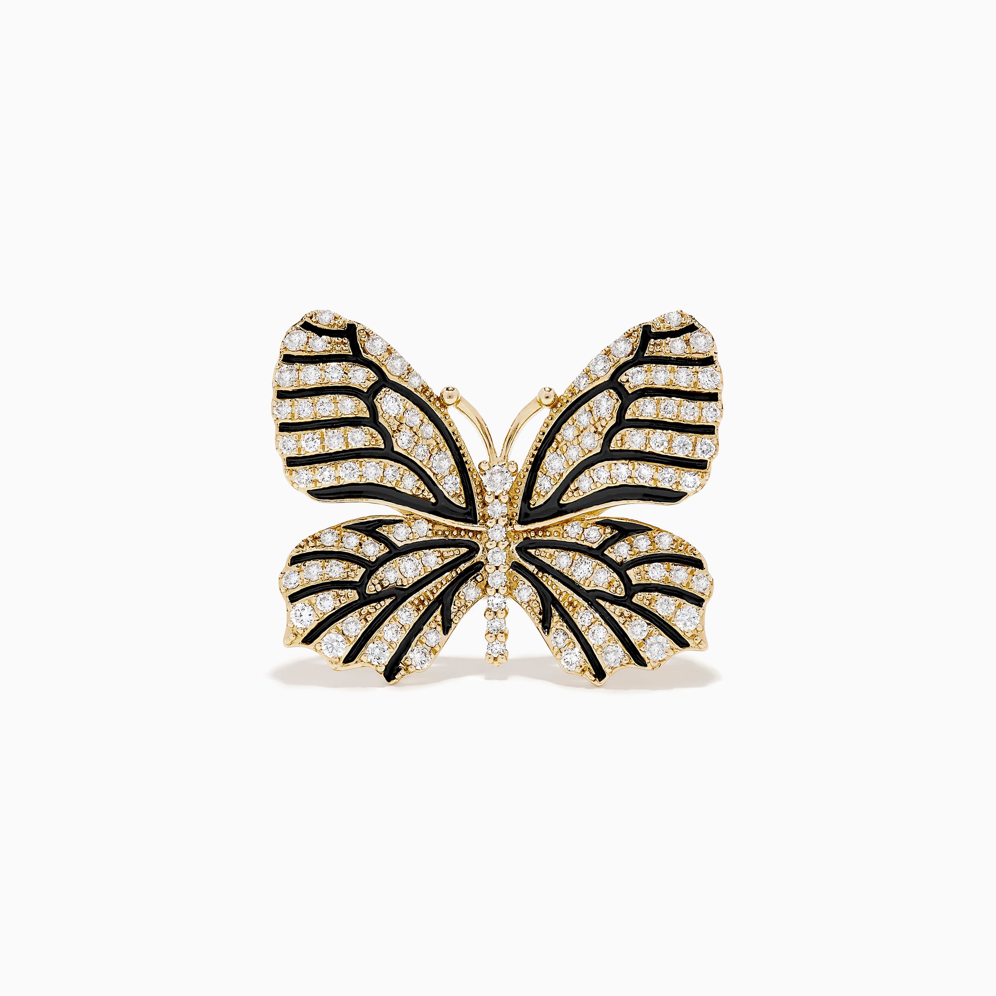 The Nature 14K Yellow Gold Black and White Diamond Butterfly Ring features sparkling diamonds and black details on its wings, echoing the elegance of black and white diamond jewelry, shown against a plain white background.