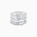 The Classique 14K White Gold Diamond Ring 1.00 TCW features three white gold bands with baguette-cut diamonds and rectangular diamond clusters for a stacked, elegant design.