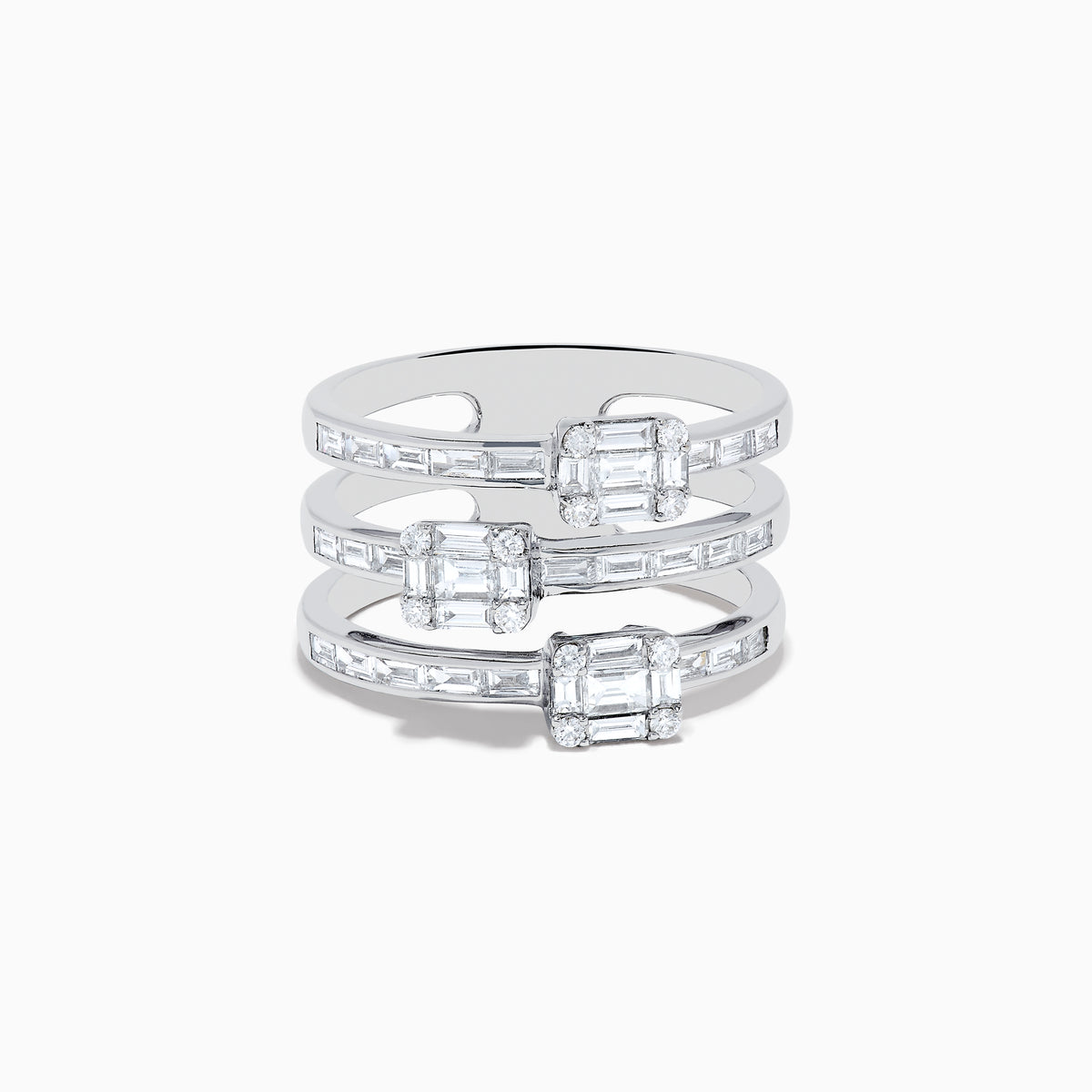 The Classique 14K White Gold Diamond Ring 1.00 TCW features three white gold bands with baguette-cut diamonds and rectangular diamond clusters for a stacked, elegant design.