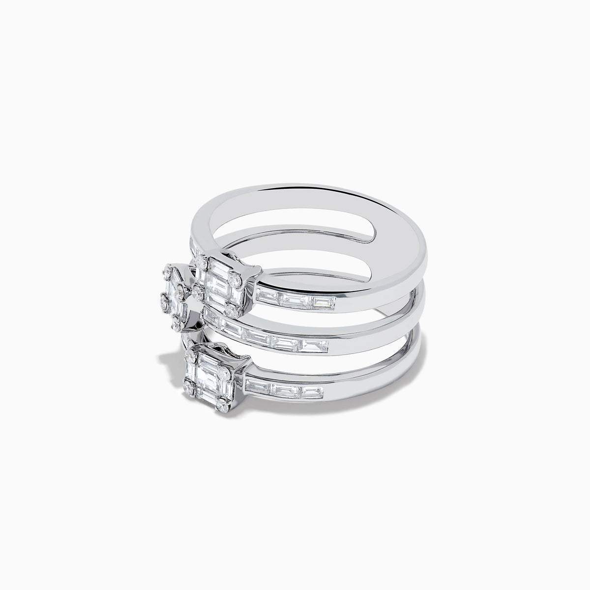 The Classique 14K White Gold Diamond Ring 1.00 TCW features three white gold bands with baguette-cut diamonds and rectangular diamond clusters for a stacked, elegant design.
