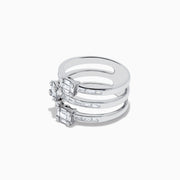 The Classique 14K White Gold Diamond Ring 1.00 TCW features three white gold bands with baguette-cut diamonds and rectangular diamond clusters for a stacked, elegant design.