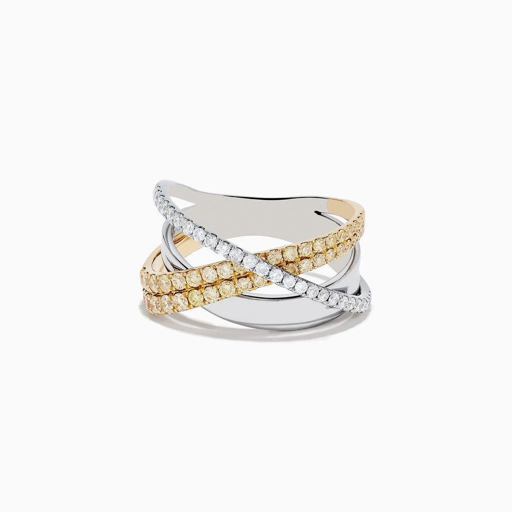 The 14K Two-Tone Gold Yellow and White Diamond Crossover Ring showcases intertwined bands of yellow and white diamonds in gold and silver for a modern, elegant look.