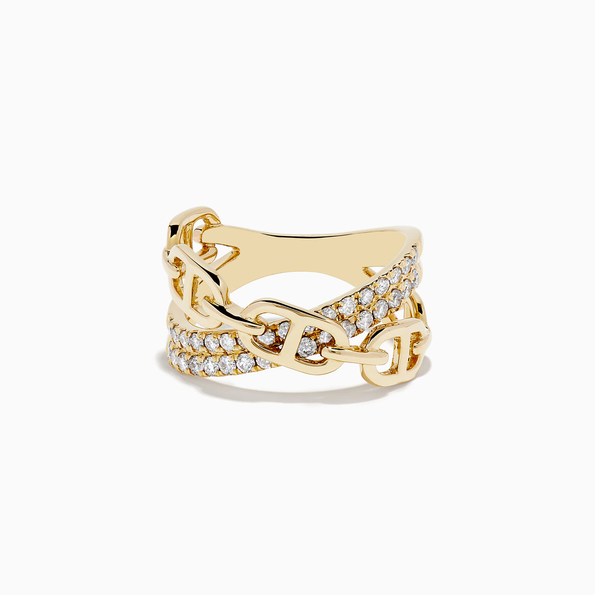 The DOro 14K Yellow Gold Diamond Chain Link Crossover Ring features two rows of sparkling diamonds set along the band, offering an elegant and modern style.
