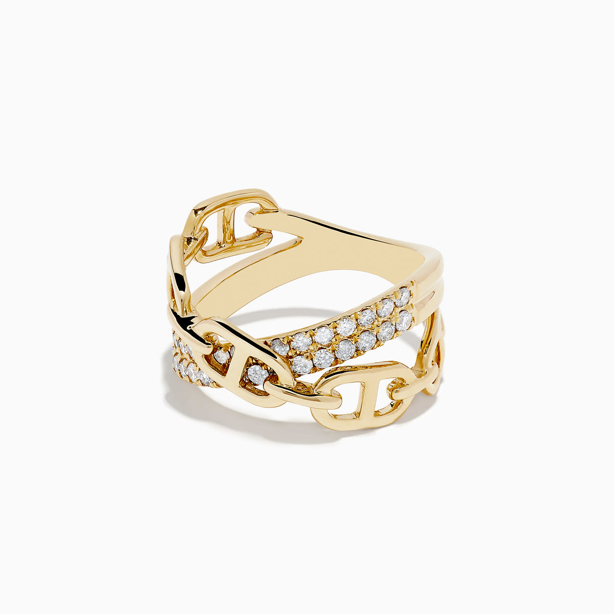 The DOro 14K Yellow Gold Diamond Chain Link Crossover Ring features two rows of sparkling diamonds set along the band, offering an elegant and modern style.