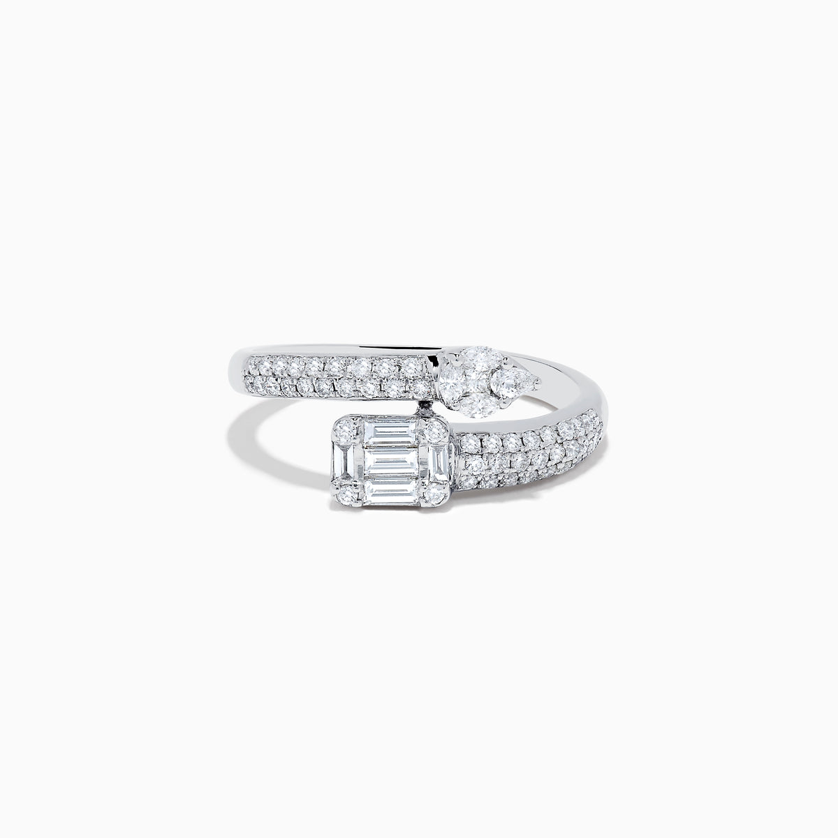 The Classique 14K White Gold Diamond Bypass Ring (0.65 TCW) features an emerald-cut center diamond accented by round diamonds along its split band, blending elegance and sparkle in a refined design.