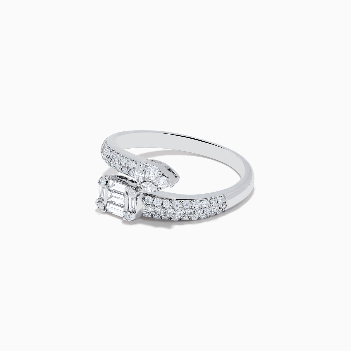 The Classique 14K White Gold Diamond Bypass Ring (0.65 TCW) features an emerald-cut center diamond accented by round diamonds along its split band, blending elegance and sparkle in a refined design.