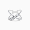 The Classique 14K White Gold Diamond Criss Cross Ring features two intersecting diamond-encrusted bands with larger rectangular diamonds at their center crossing point.
