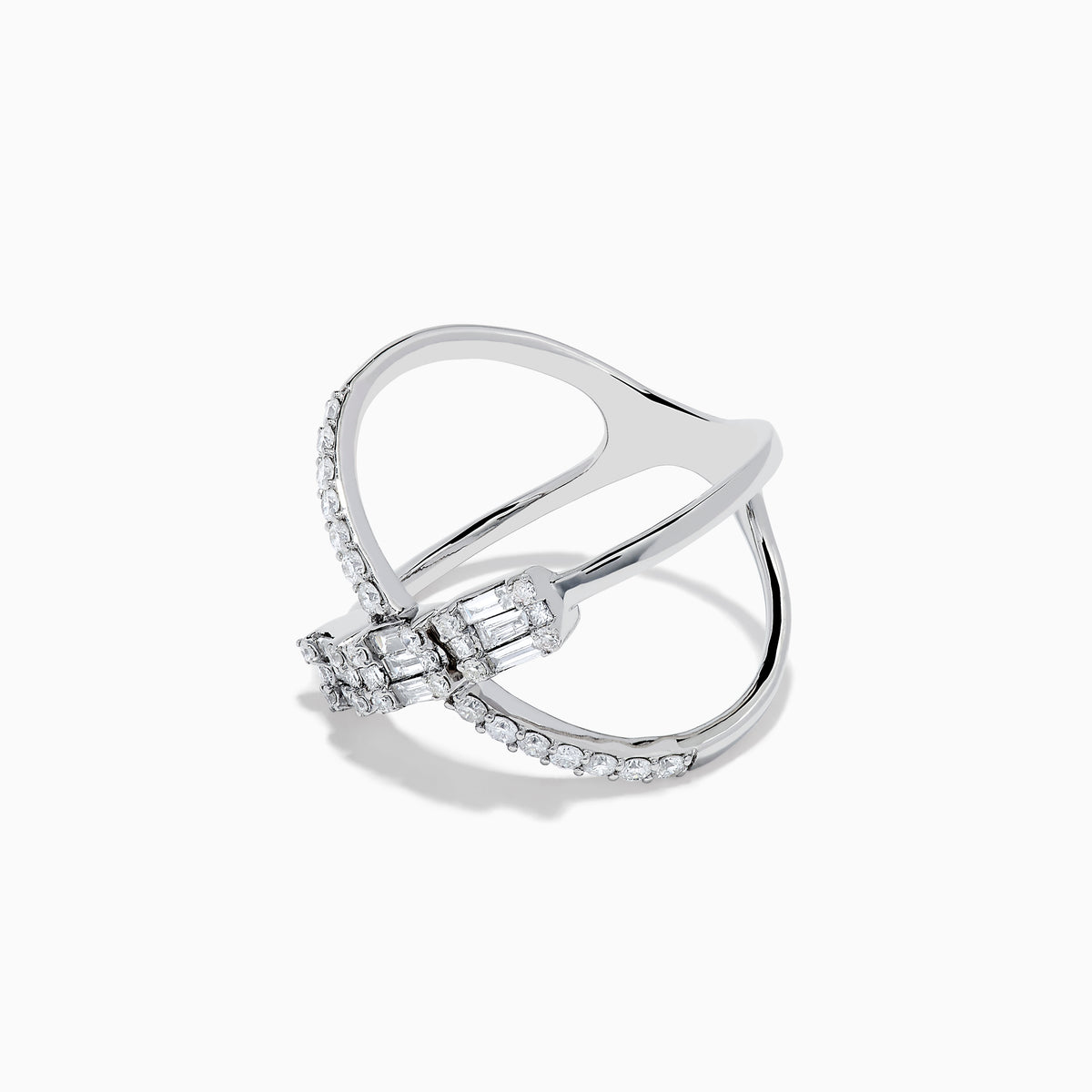The Classique 14K White Gold Diamond Criss Cross Ring features two intersecting diamond-encrusted bands with larger rectangular diamonds at their center crossing point.