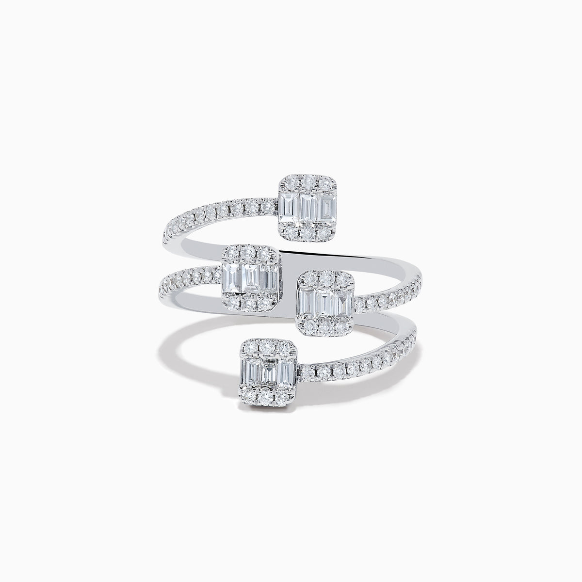 The Classique 14K White Gold Diamond Ring features three spiral bands with square clusters of baguette-cut diamonds and round diamonds along each band, all beautifully set in polished white gold.
