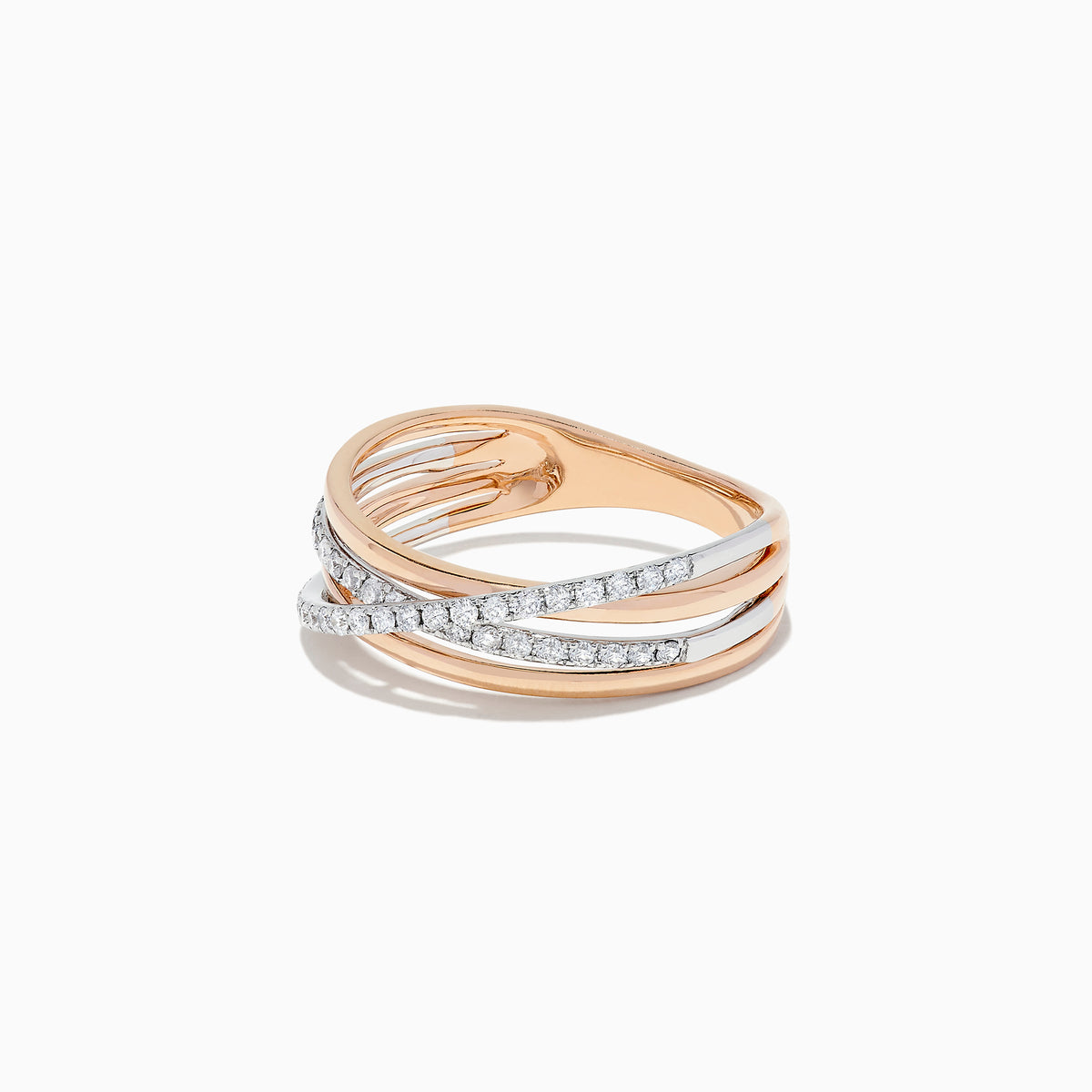 The Duo 14K Rose and White Gold Diamond Crossover Ring, 0.29 TCW, features three overlapping bands—two polished and one set with sparkling diamonds—shown on a white background.