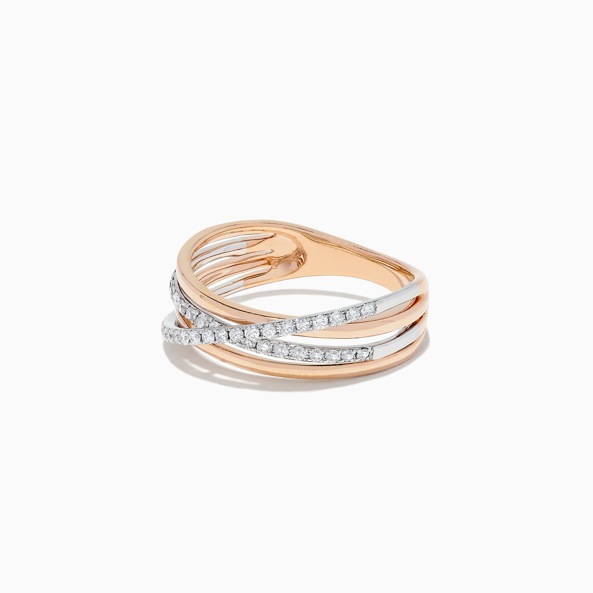 The Duo 14K Rose and White Gold Diamond Crossover Ring, 0.29 TCW, features three overlapping bands—two polished and one set with sparkling diamonds—shown on a white background.